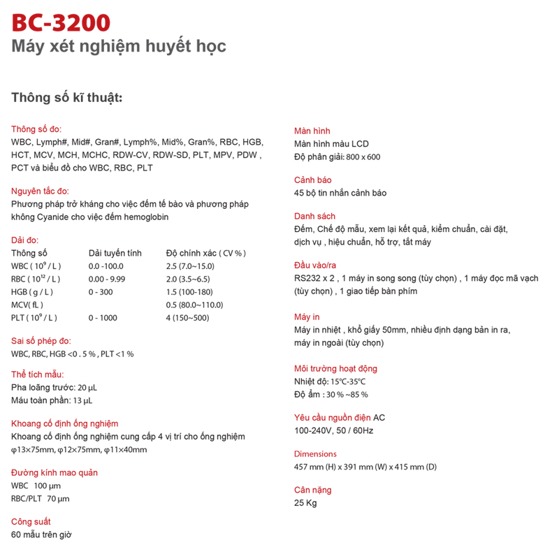 bảng tskt máy huyết học mindray bc-3200